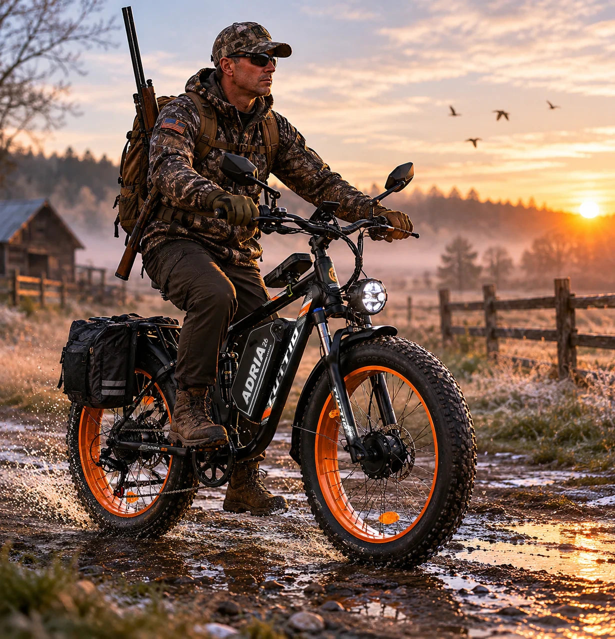 A hunter in camouflage gear riding the Tuttio Adria26 fat tire electric bike along a muddy dirt path at sunrise, demonstrating the e-bike's powerful off-road capabilities and bright headlight for outdoor expeditions.