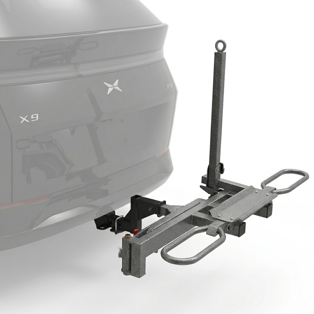 Electric bike mounted on hitch carrier rack attached to the rear hitch of an SUV
