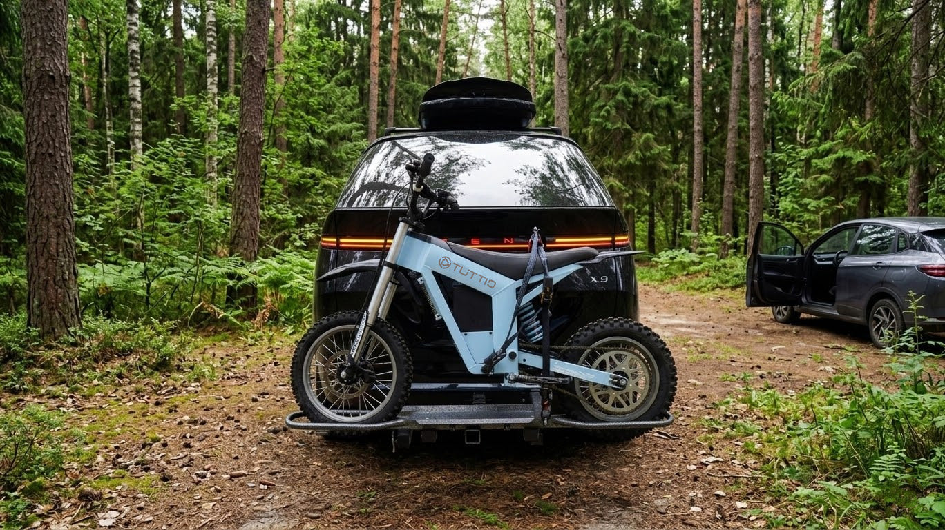 Electric bike secured on hitch mounted carrier rack on SUV during outdoor adventure in forest