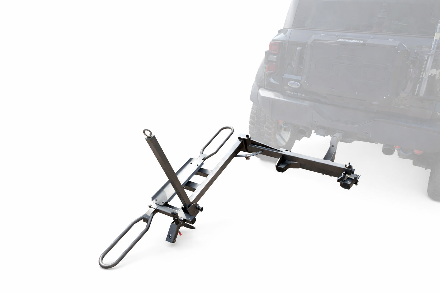 Tilting hitch mounted bike carrier rack in loading position for easy ground level bike loading