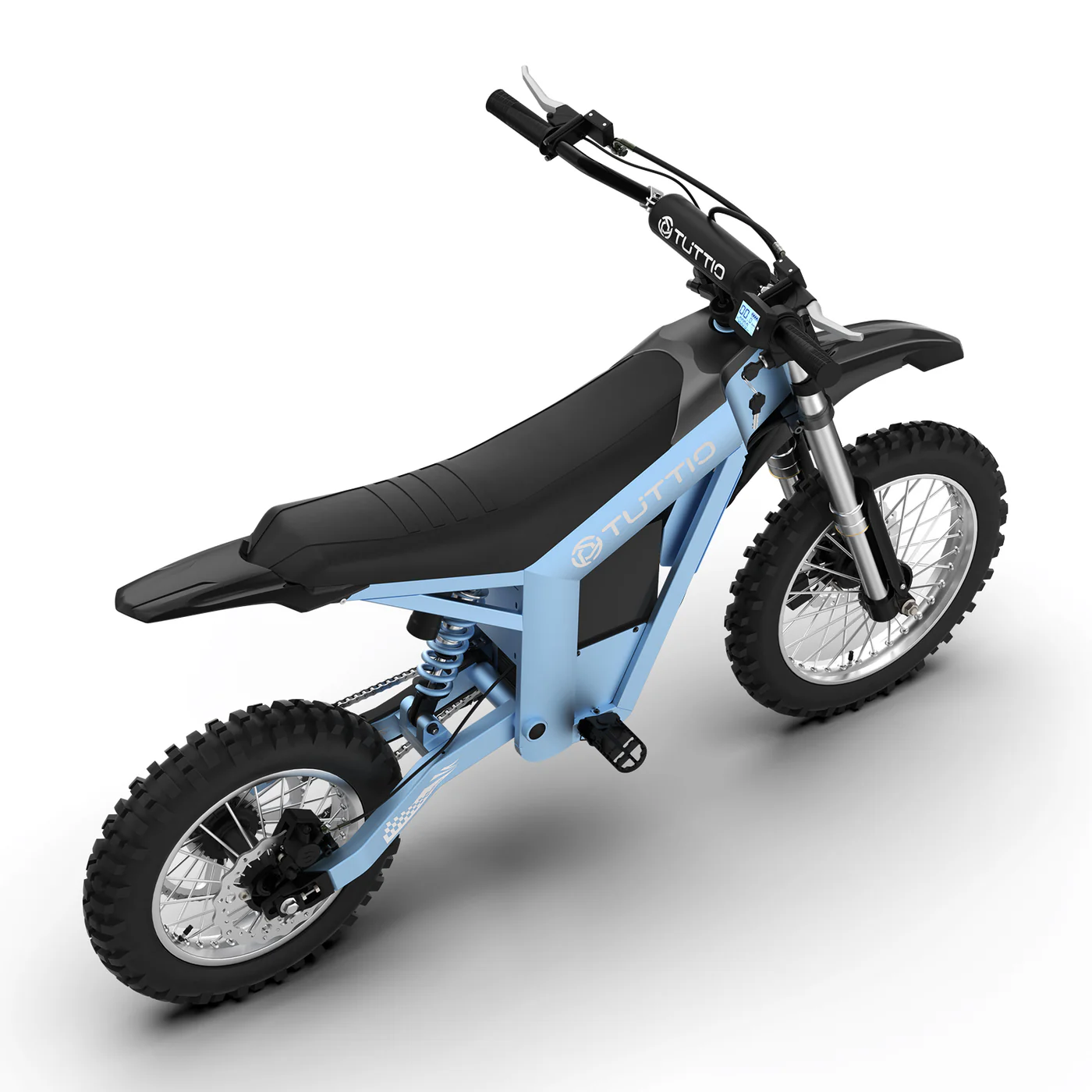 A high-angle studio shot on a seamless white background displaying the right rear three-quarter view of the light blue Tuttio Soleil01 GB electric dirt bike, showcasing its long black seat, wide handlebars, and rugged off-road profile.