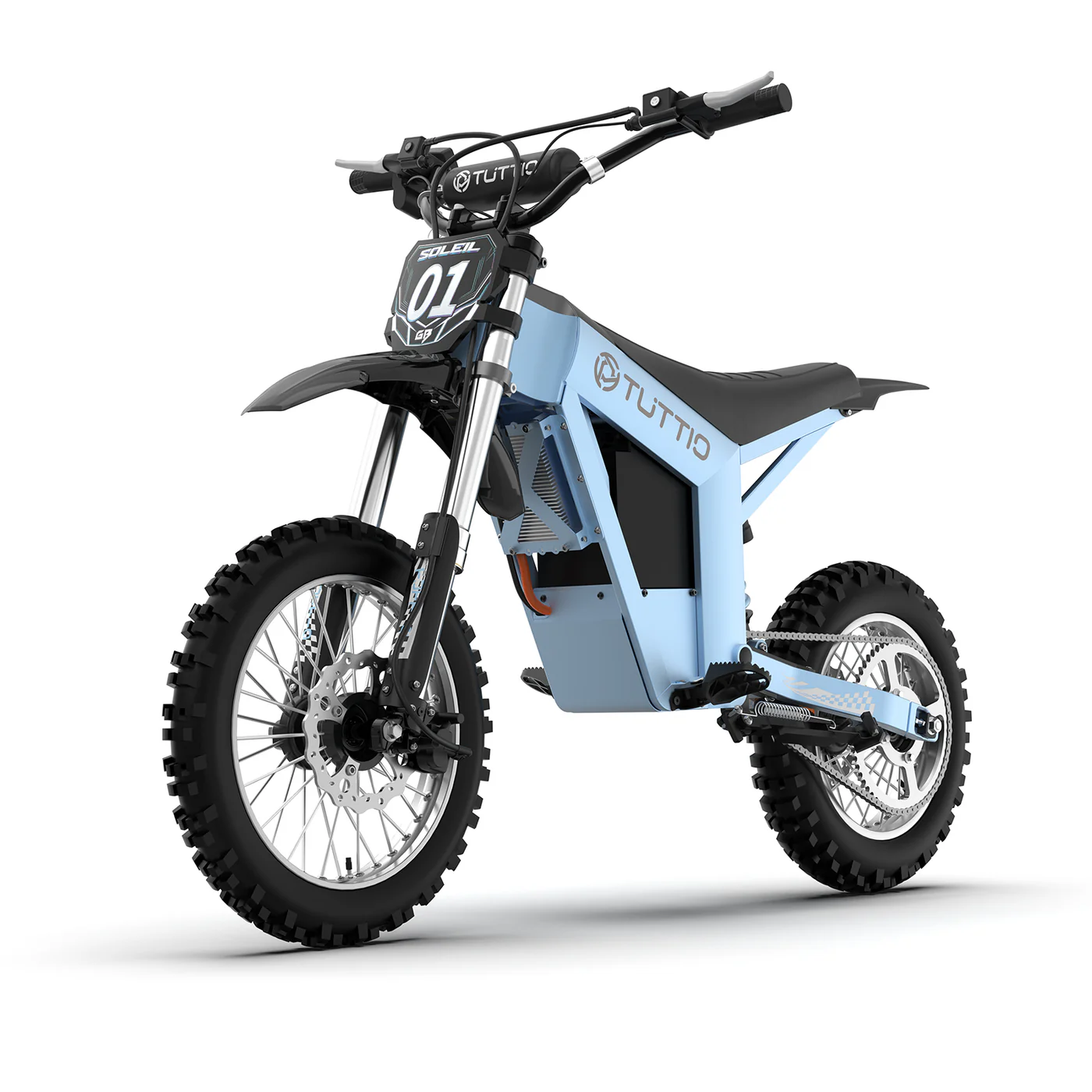 A clean studio shot on a seamless white background displaying the left front three-quarter view of the light blue Tuttio Soleil01 GB electric dirt bike, highlighting its rugged knobby tires, robust frame design, and racing-style '01' number plate.
