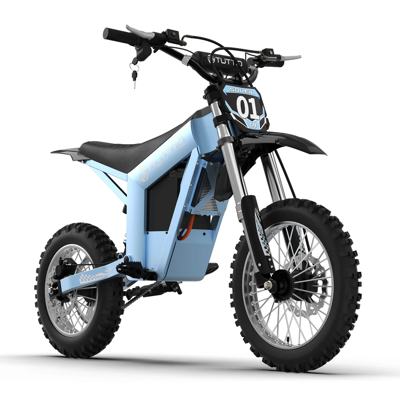 A pristine studio shot on a seamless white background revealing the right front three-quarter angle of the light blue Tuttio Soleil01 GB electric dirt bike, highlighting its sporty front racing plate and rugged off-road tires.
