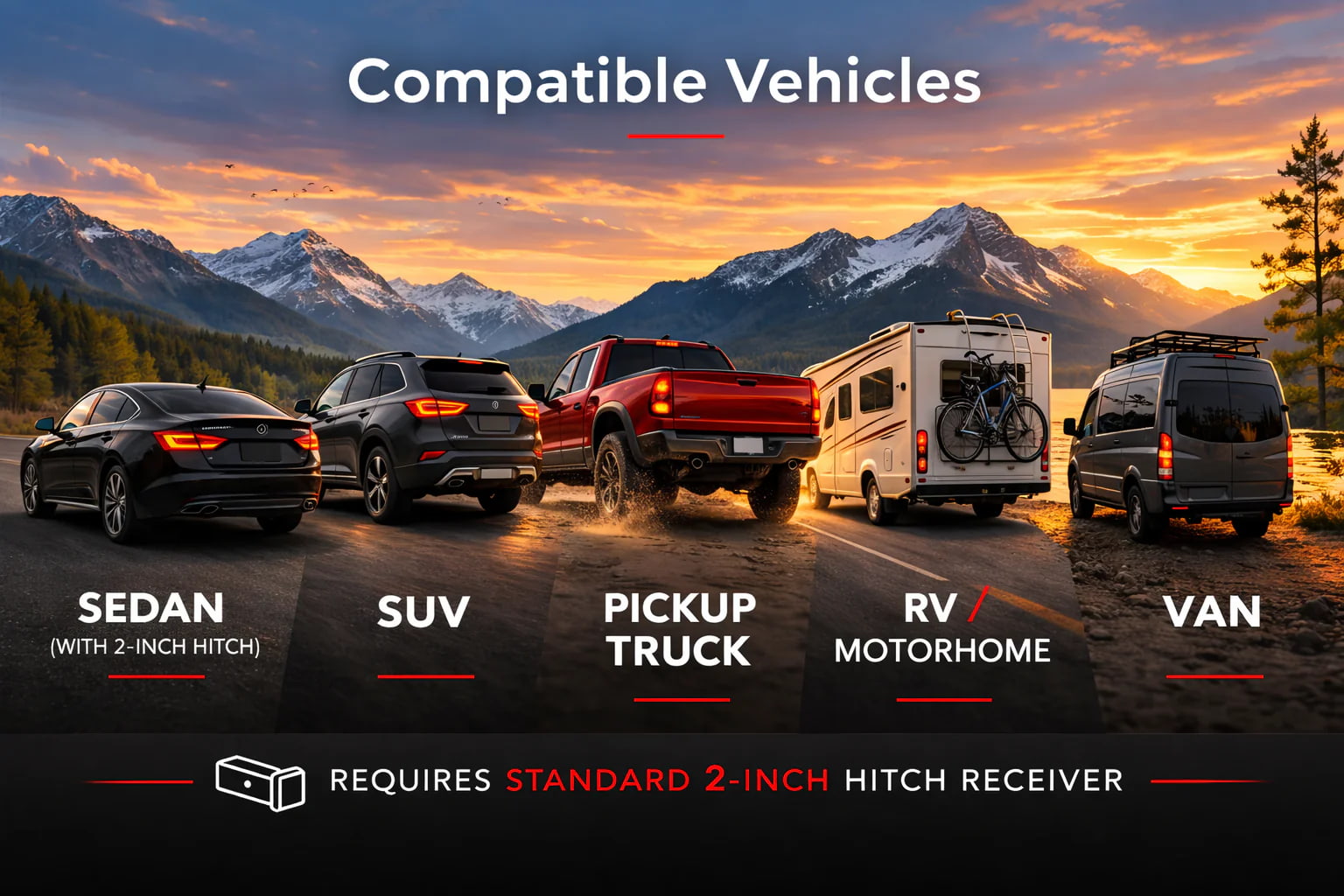 Hitch mounted bike carrier rack compatible with sedan, SUV, pickup truck, RV and van vehicles with standard 2 inch hitch receiver