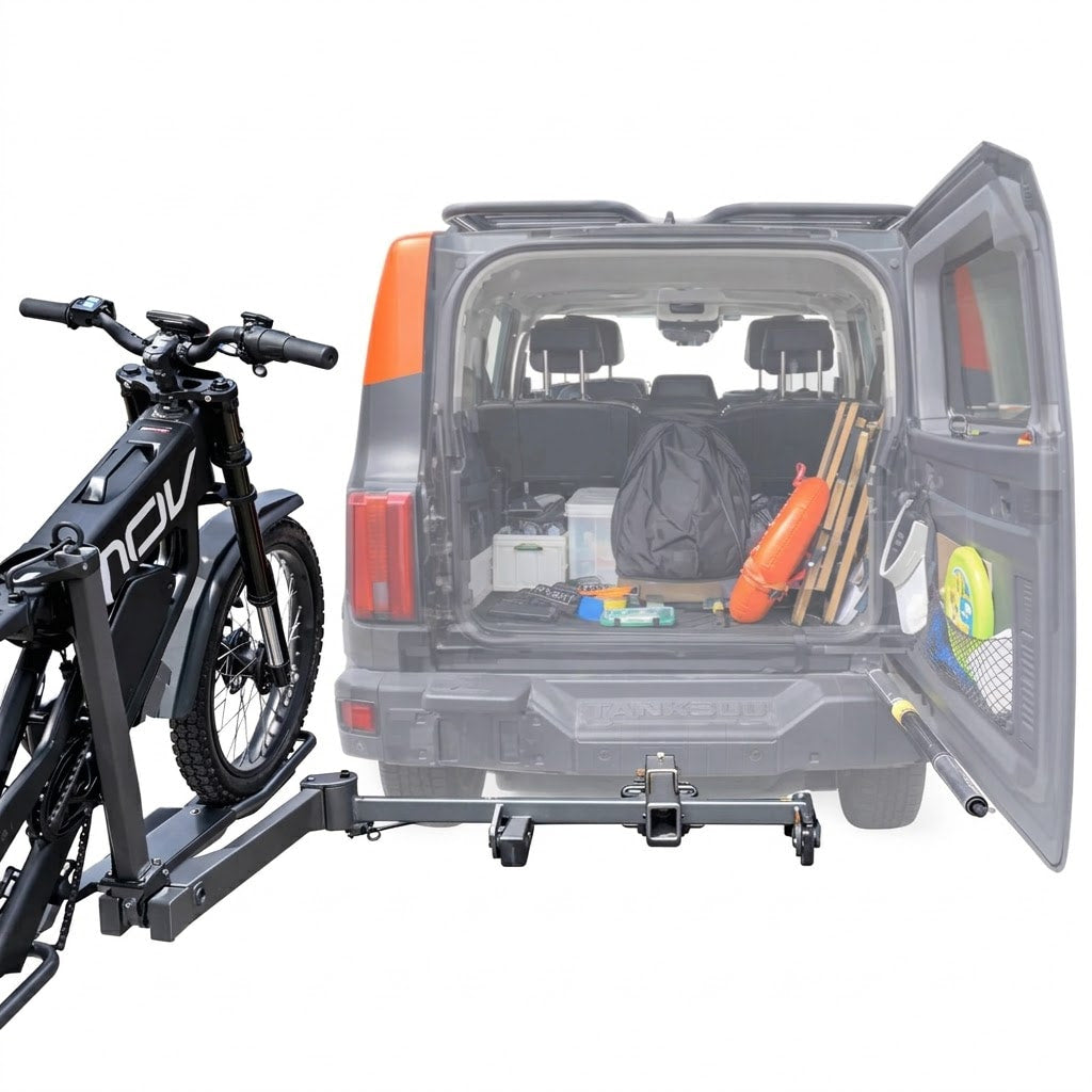 Hitch mounted bike carrier rack allowing full rear trunk access on SUV vehicle