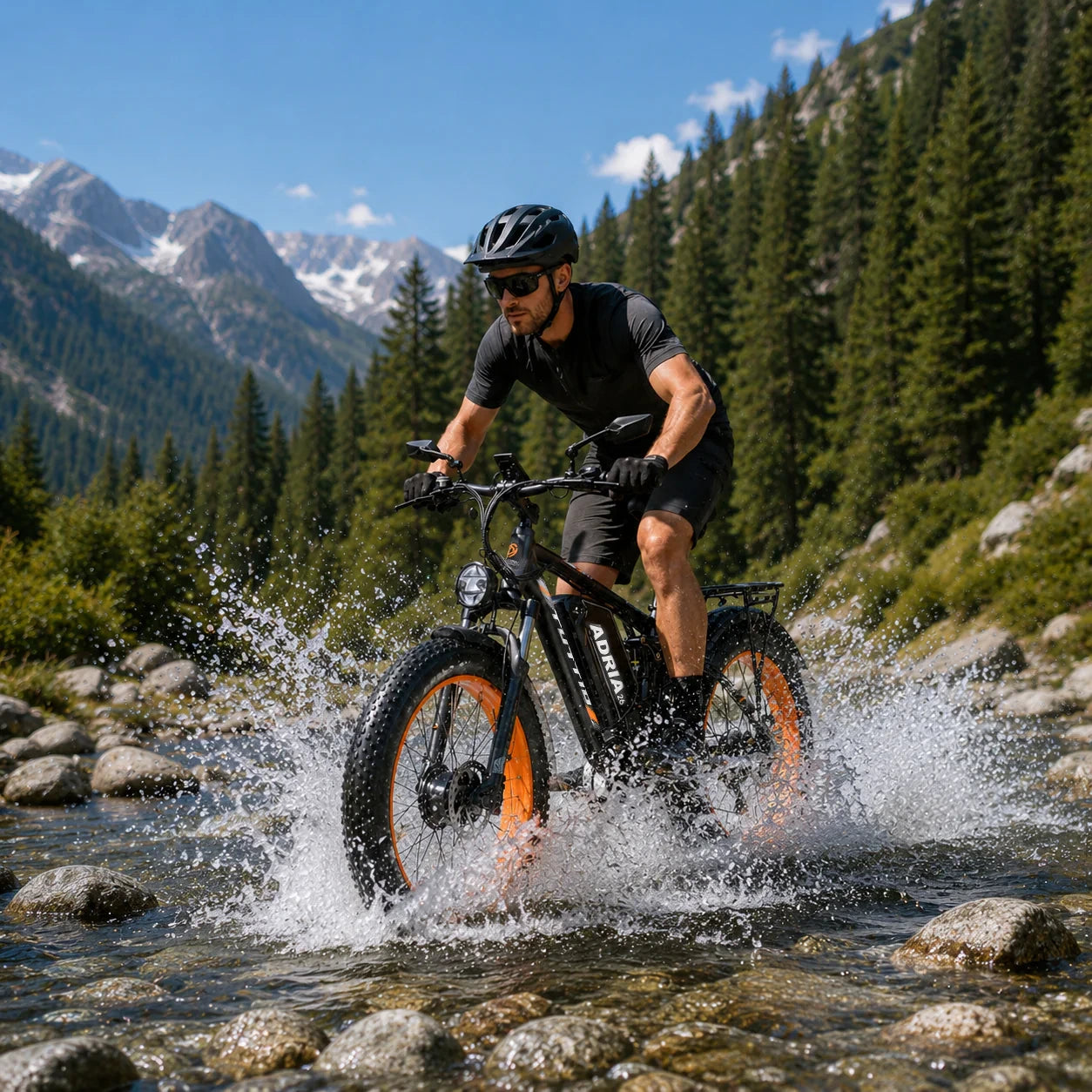 A cyclist splashes through a rocky, shallow stream riding the Tuttio Adria26 all-terrain e-bike, demonstrating the fat tire bike's stability and performance in wet outdoor conditions.