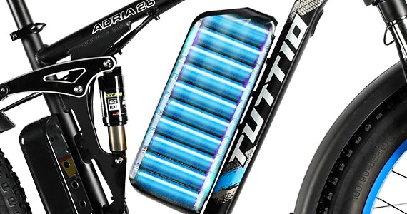 Tuttio Adria26 battery detail with blue cell layout inside the frame and rear shock visible