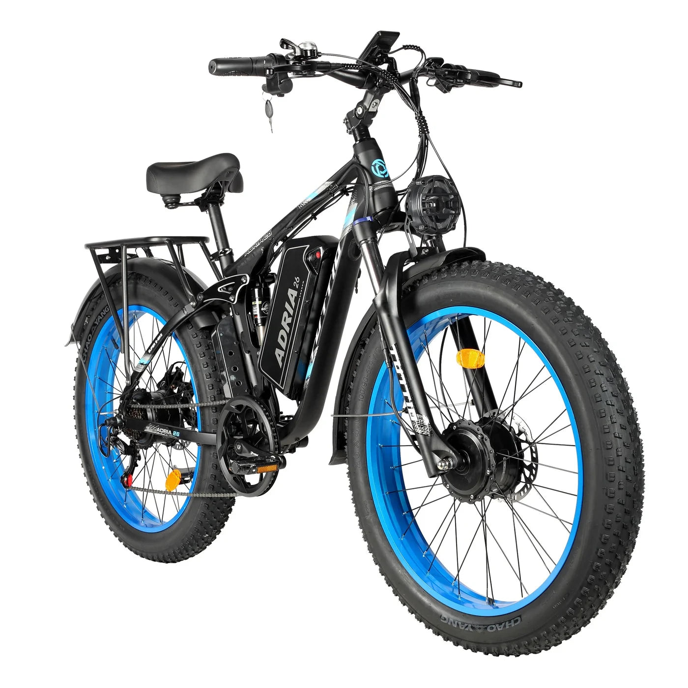 Front three-quarter view of the Tuttio Adria26 on a white background, showing the black frame, blue rims, fat tires, front headlight, handlebar controls, front fork, rear rack, and full bike shape