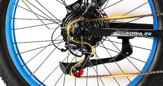 Close-up of the Tuttio Adria26 rear wheel with a blue rim, black spokes, chain, cassette, rear derailleur, and highlighted drivetrain area