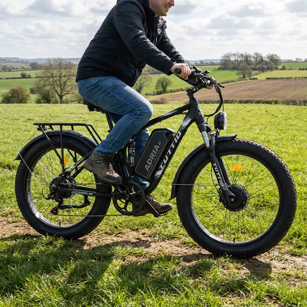 Side profile of a man riding the black Tuttio Adria26 electric mountain bike through a country field, highlighting the frame-mounted battery and front suspension fork.