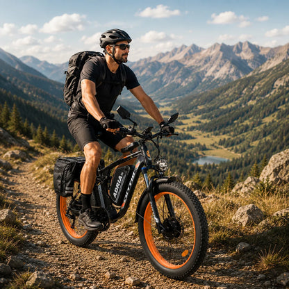 A cyclist wearing a helmet and backpack rides the Tuttio Adria26 fat tire e-bike on a rugged mountain trail, featuring rear pannier bags for long-distance touring.