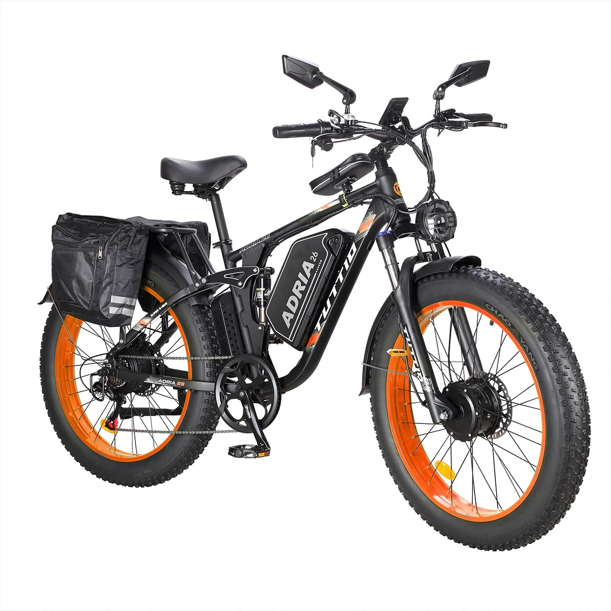 Front three-quarter view of the Tuttio Adria26 on a white background, showing the black frame, orange rims, fat tires, rear rack, side bag, front headlight, mirrors, and handlebar controls