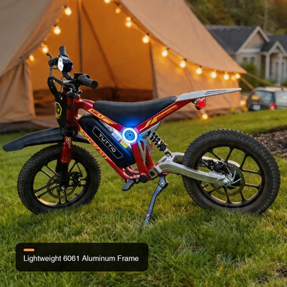Tuttio ARC-I parked on grass near a lit tent with a lightweight aluminum frame callout