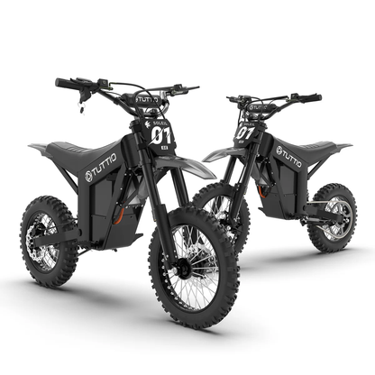 Front angle view of a pair of TUTTIO electric off-road motorcycles isolated on white, featuring black frames and knobby tires