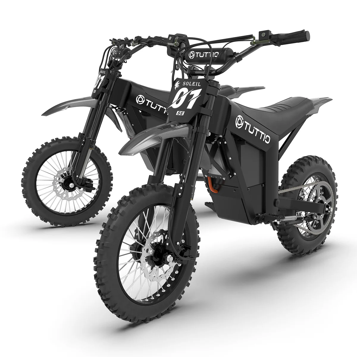 Front view of a pair of TUTTIO electric off-road motorcycles isolated on white, featuring black frames, knobby tires, and wide handlebars