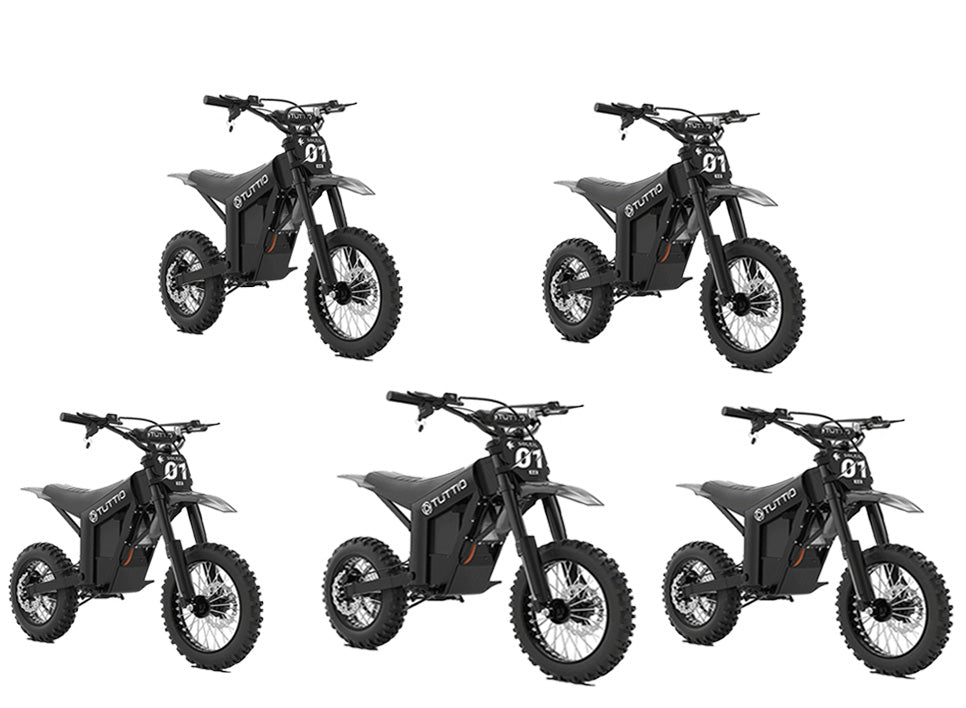 Studio group shot of five TUTTIO electric dirt bikes arranged in a staggered grid pattern (2 top, 3 bottom), showing the '01 SE' racing design