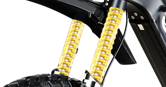 A close-up studio graphic of the Tuttio ICT electric dirt bike's front suspension forks, featuring a glowing yellow overlay to reveal the internal coil springs against a stark white background.