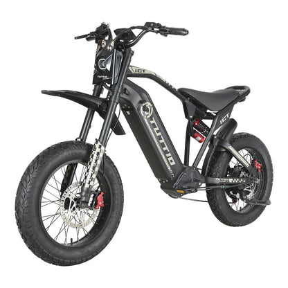 Displayed against a seamless white studio background, this left front three-quarter view of the sleek black Tuttio ICT electric motorbike highlights its distinctive square headlight, checkerboard fork decals, and rugged fat tires.
