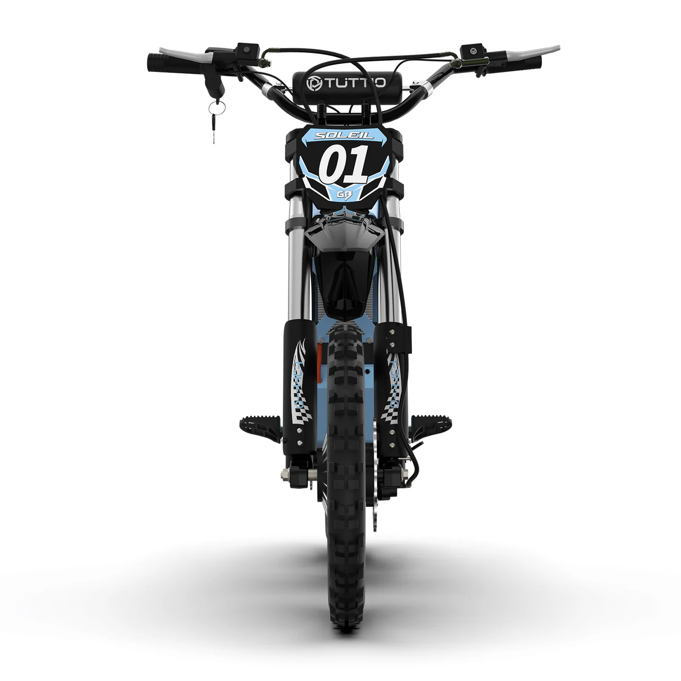 A direct head-on studio shot on a seamless white background displaying the front profile of the light blue Tuttio Soleil01 GB electric dirt bike, emphasizing its wide handlebars, prominent '01' racing plate, and narrow off-road stance.