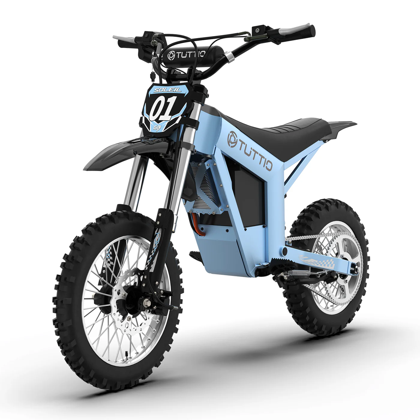 A bright studio shot on a clean white background showcasing the front perspective of the light blue Tuttio Soleil01 GB electric dirt bike, featuring its distinctive '01' number plate and off-road tires.