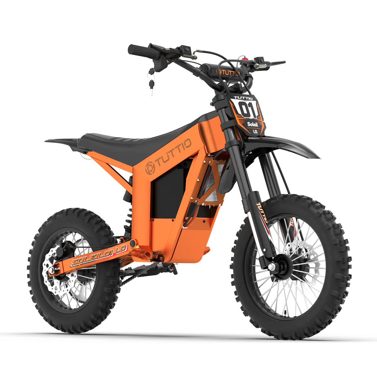 Front three-quarter product view of the orange Tuttio Soleil01 LO on a white background, showing the black wheels, off-road tires, front number plate, black seat, handlebar, front fork, and rear suspension