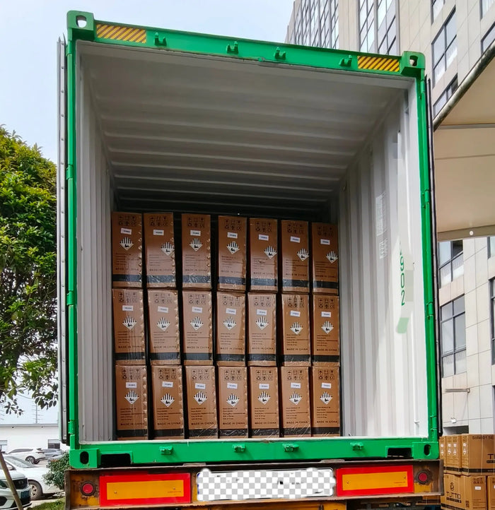 TuttioMake Soleil01 SE electric mini bikes loaded in a shipping container for EU warehouse delivery